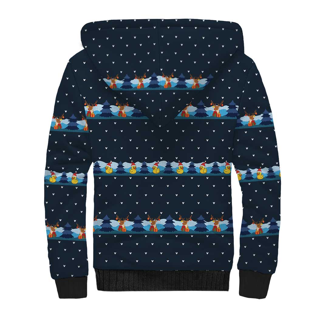 Funny Duck Characters Christmas Quacker Quote Sherpa Hoodie with Navy Tree Pattern Design - Wonder Print Shop