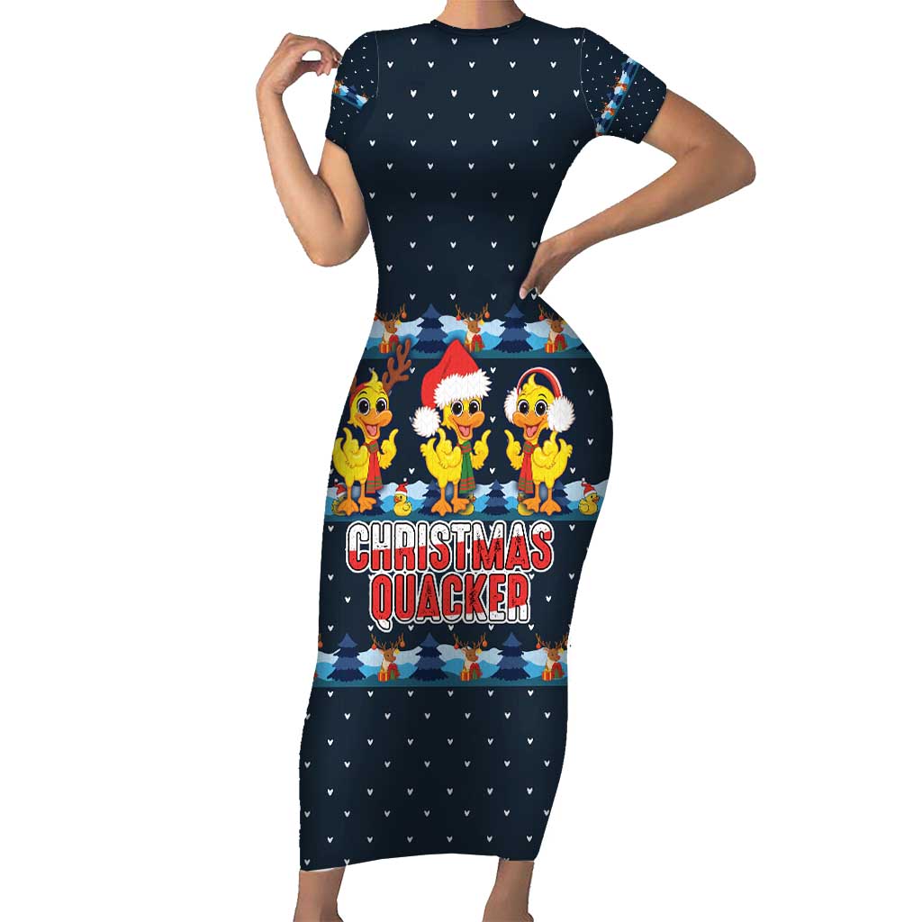Funny Duck Characters Christmas Quacker Quote Short Sleeve Bodycon Dress with Navy Tree Pattern Design - Wonder Print Shop