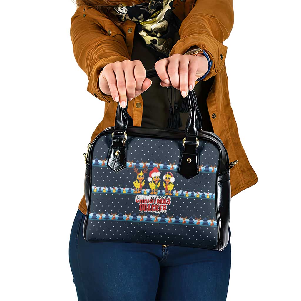 Funny Duck Characters Christmas Quacker Quote Shoulder Handbag with Navy Tree Pattern Design - Wonder Print Shop