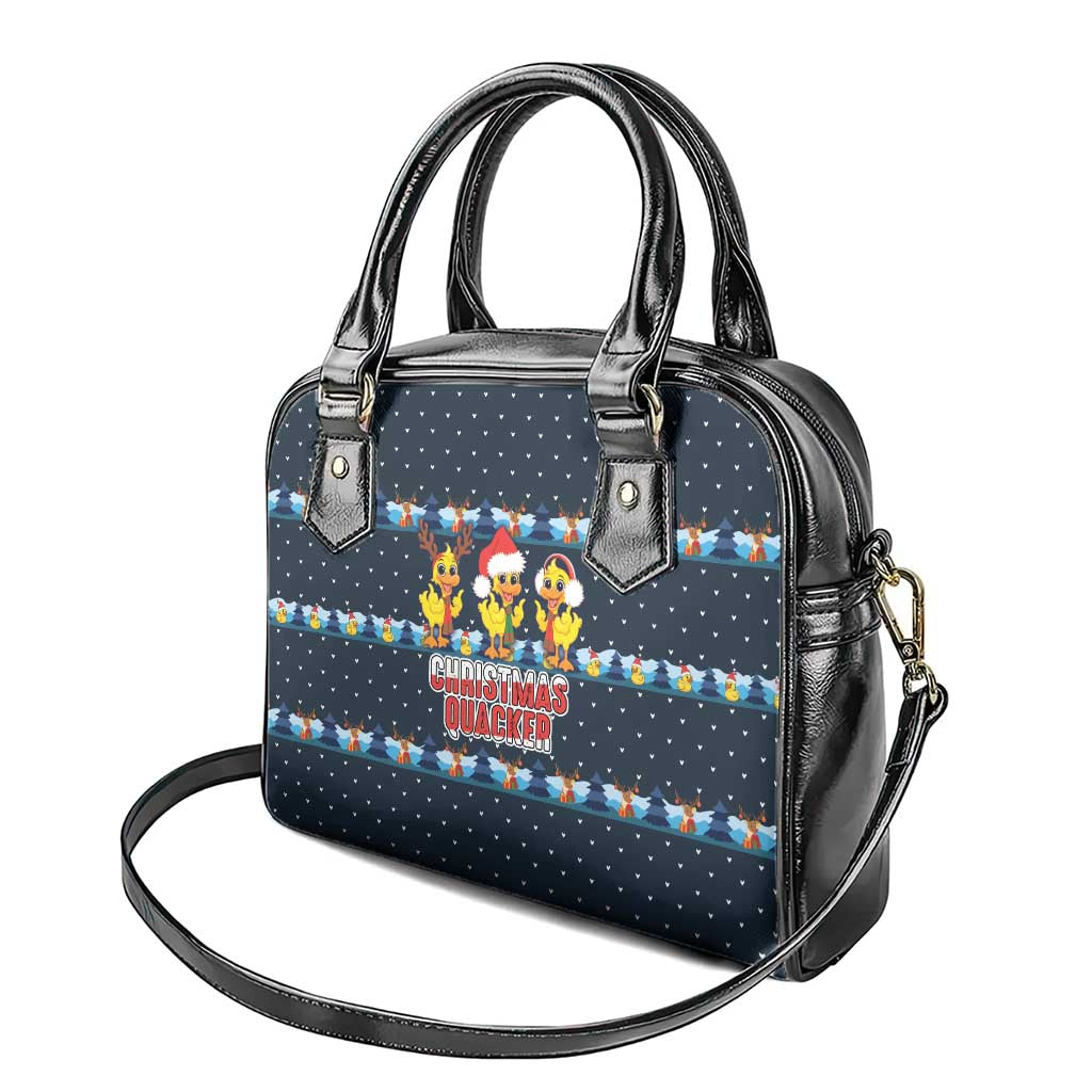 Funny Duck Characters Christmas Quacker Quote Shoulder Handbag with Navy Tree Pattern Design - Wonder Print Shop