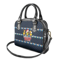 Funny Duck Characters Christmas Quacker Quote Shoulder Handbag with Navy Tree Pattern Design - Wonder Print Shop