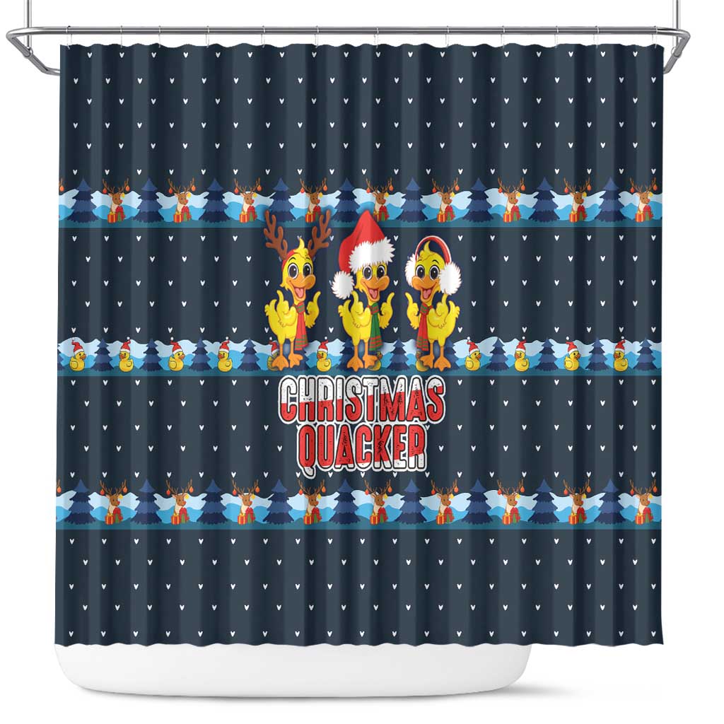 Funny Duck Characters Christmas Quacker Quote Shower Curtain with Navy Tree Pattern Design - Wonder Print Shop