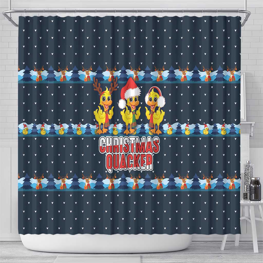 Funny Duck Characters Christmas Quacker Quote Shower Curtain with Navy Tree Pattern Design - Wonder Print Shop