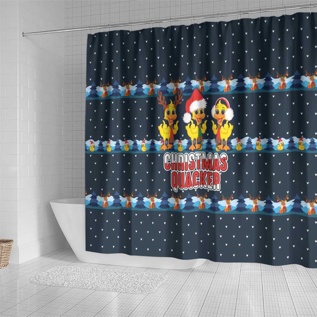 Funny Duck Characters Christmas Quacker Quote Shower Curtain with Navy Tree Pattern Design - Wonder Print Shop