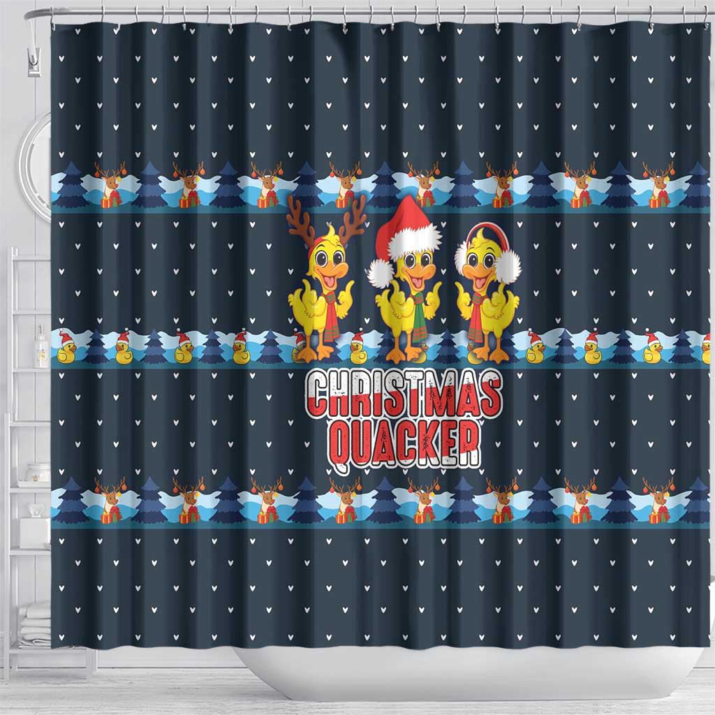 Funny Duck Characters Christmas Quacker Quote Shower Curtain with Navy Tree Pattern Design - Wonder Print Shop