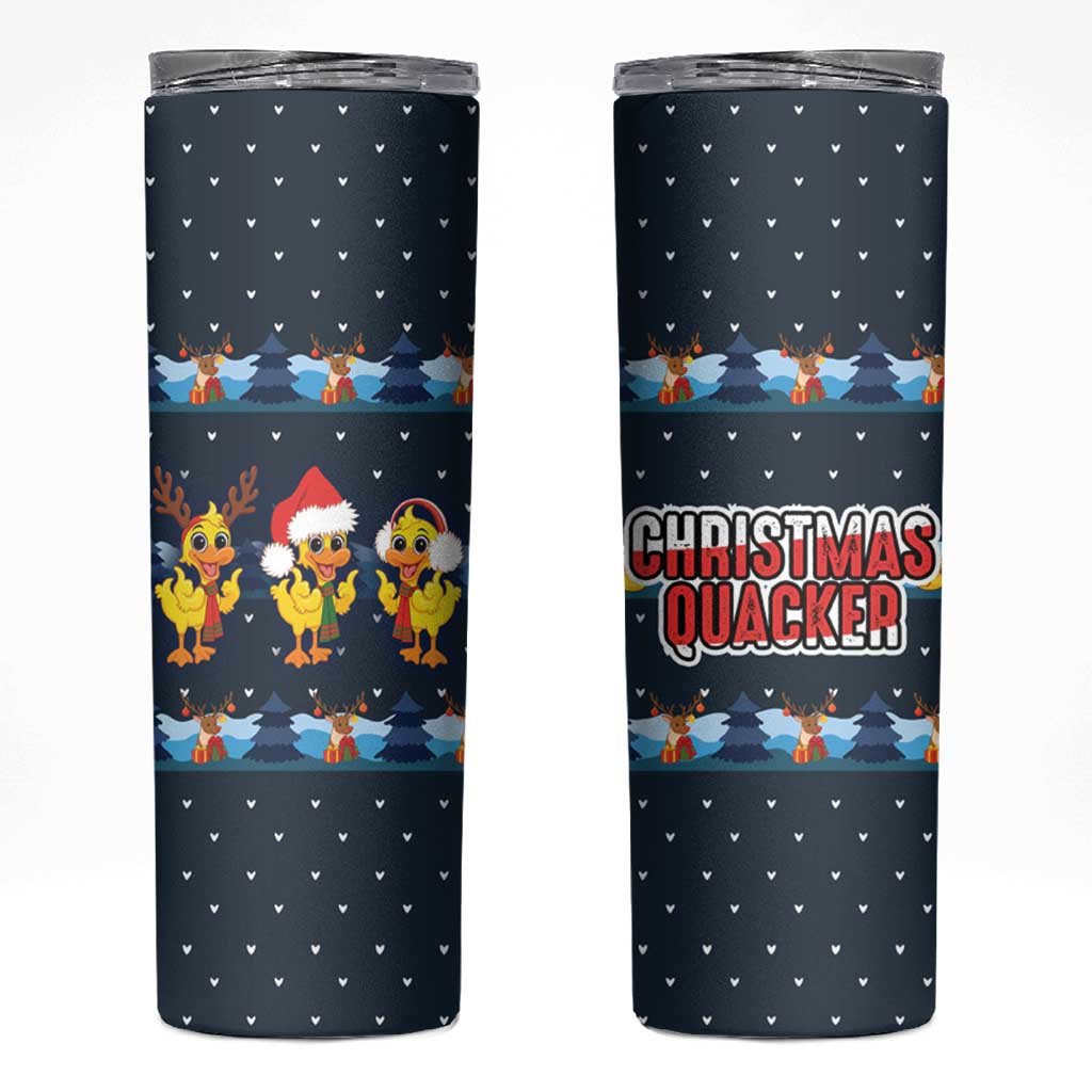 Funny Duck Characters Christmas Quacker Quote Skinny Tumbler with Navy Tree Pattern Design - Wonder Print Shop