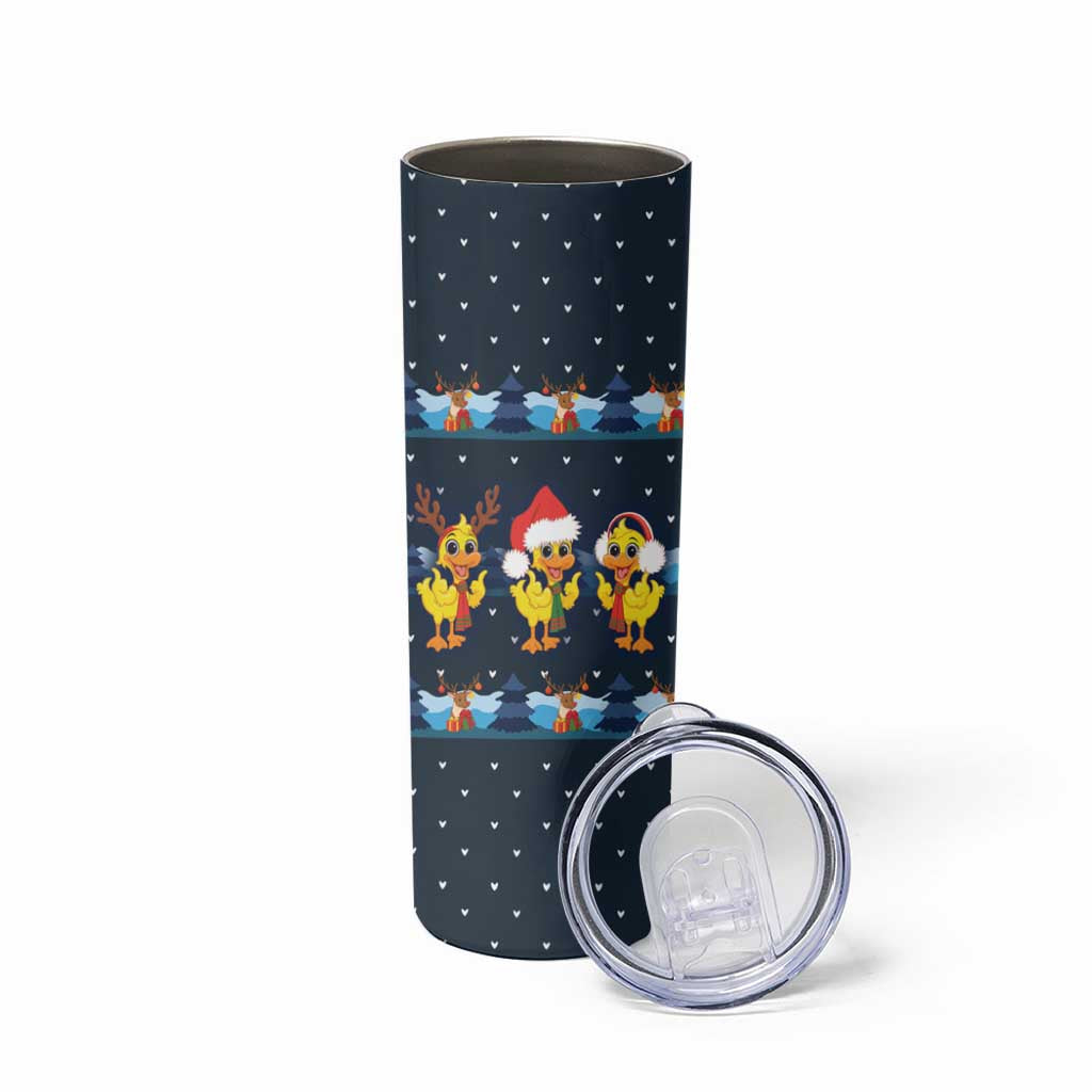 Funny Duck Characters Christmas Quacker Quote Skinny Tumbler with Navy Tree Pattern Design - Wonder Print Shop