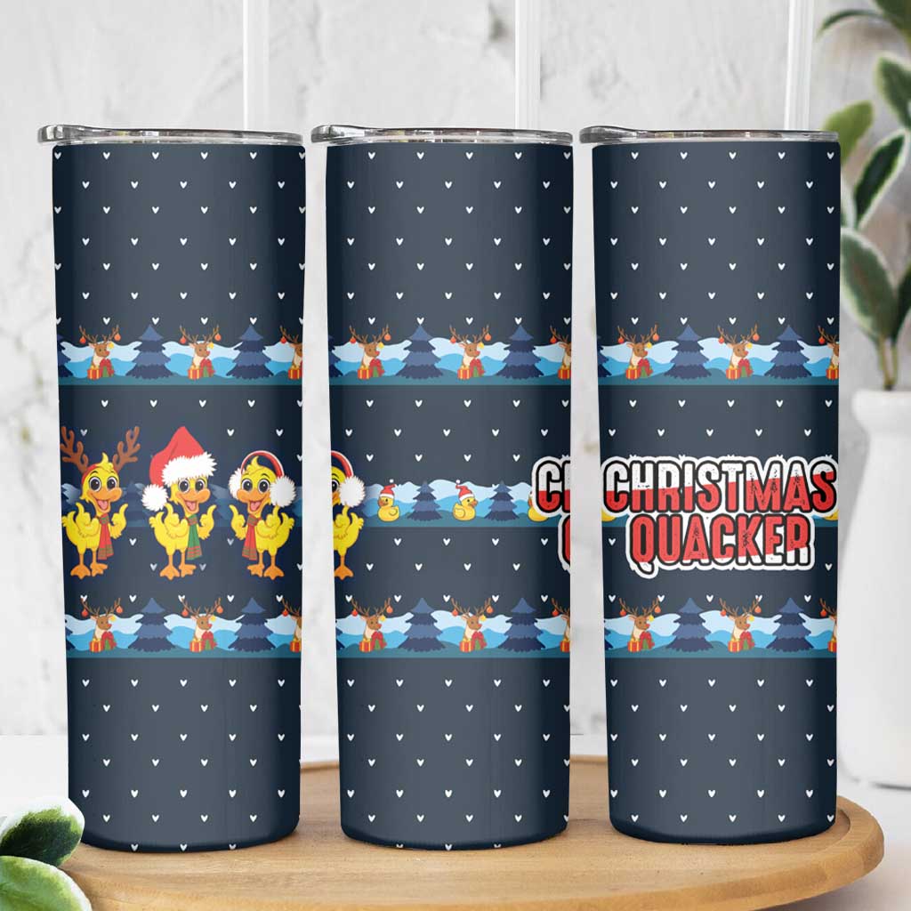 Funny Duck Characters Christmas Quacker Quote Skinny Tumbler with Navy Tree Pattern Design - Wonder Print Shop