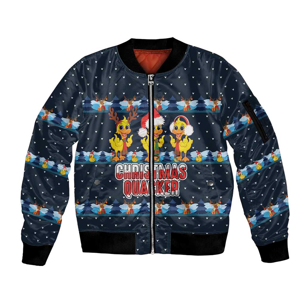 Funny Duck Characters Christmas Quacker Quote Sleeve Zip Bomber Jacket with Navy Tree Pattern Design - Wonder Print Shop