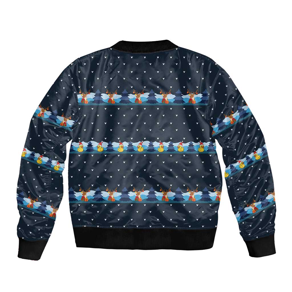 Funny Duck Characters Christmas Quacker Quote Sleeve Zip Bomber Jacket with Navy Tree Pattern Design - Wonder Print Shop