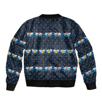 Funny Duck Characters Christmas Quacker Quote Sleeve Zip Bomber Jacket with Navy Tree Pattern Design - Wonder Print Shop