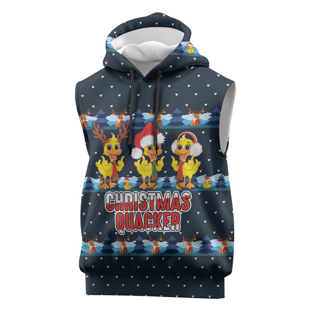 Funny Duck Characters Christmas Quacker Quote Sleeveless Hoodie with Navy Tree Pattern Design - Wonder Print Shop