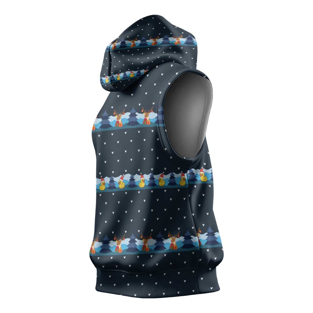Funny Duck Characters Christmas Quacker Quote Sleeveless Hoodie with Navy Tree Pattern Design - Wonder Print Shop