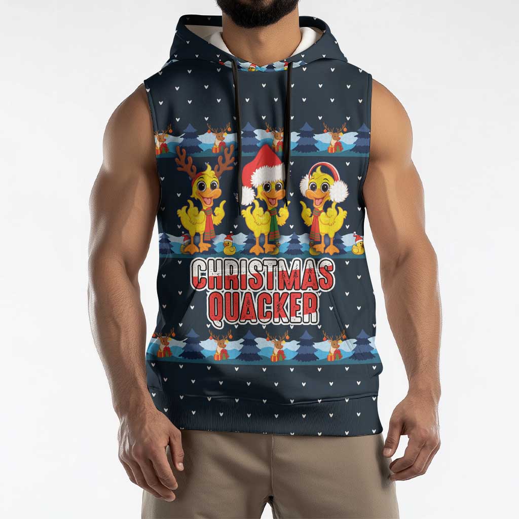 Funny Duck Characters Christmas Quacker Quote Sleeveless Hoodie with Navy Tree Pattern Design - Wonder Print Shop