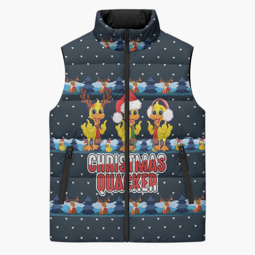Funny Duck Characters Christmas Quacker Quote Sleeveless Puffer Jacket with Navy Tree Pattern Design - Wonder Print Shop