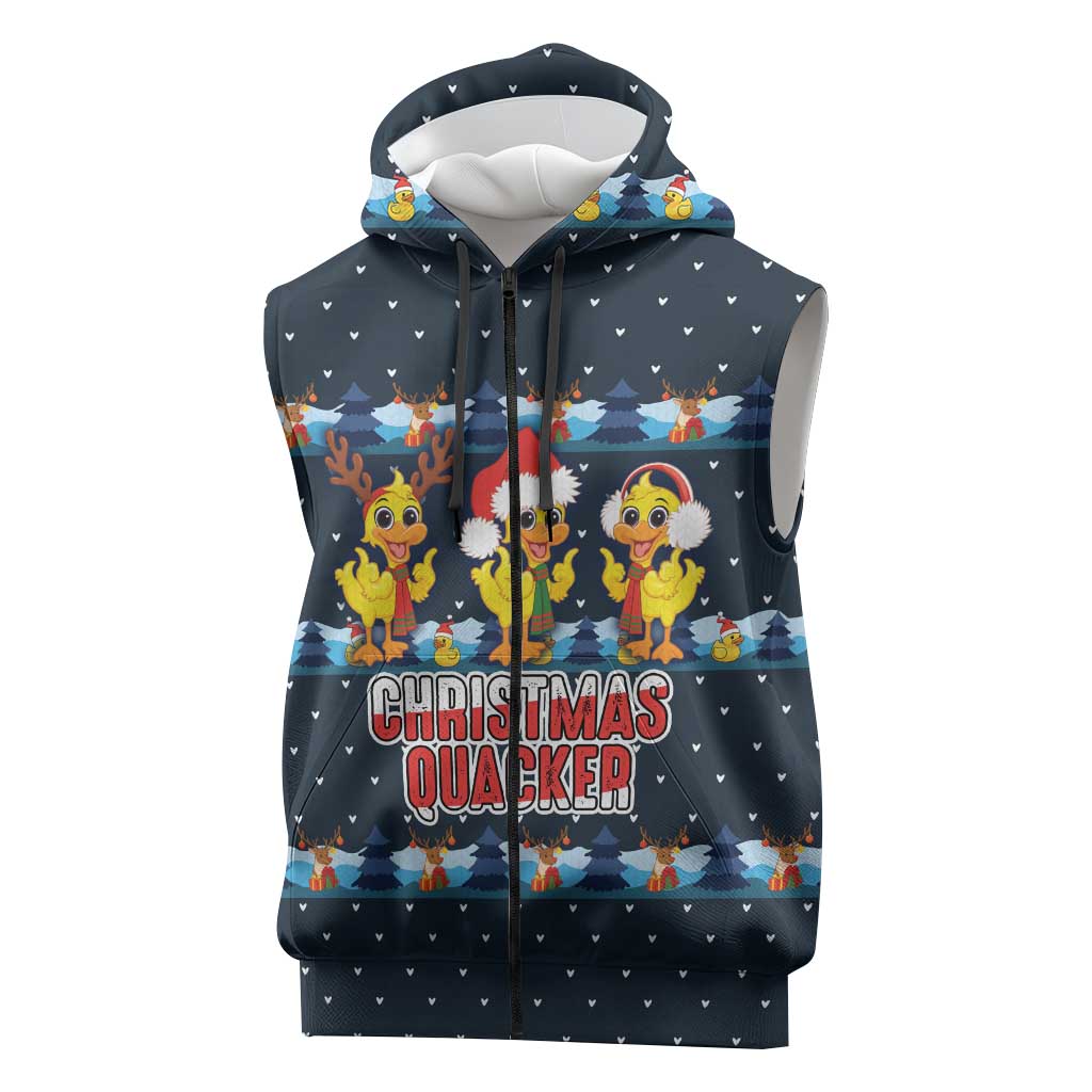 Funny Duck Characters Christmas Quacker Quote Sleeveless Zip Hoodie with Navy Tree Pattern Design - Wonder Print Shop