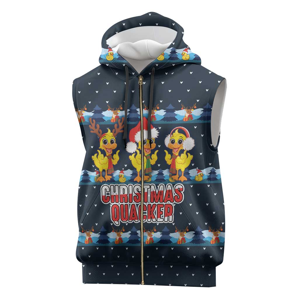 Funny Duck Characters Christmas Quacker Quote Sleeveless Zip Hoodie with Navy Tree Pattern Design - Wonder Print Shop
