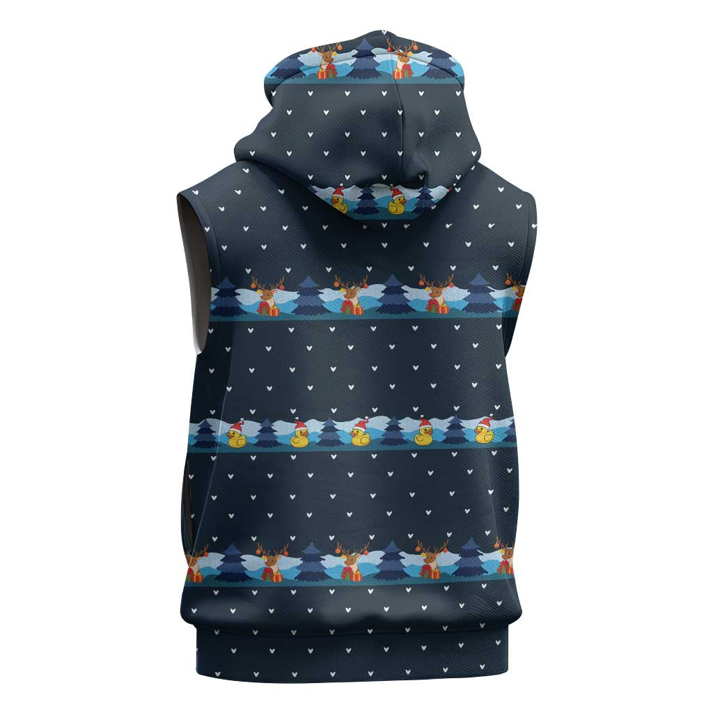Funny Duck Characters Christmas Quacker Quote Sleeveless Zip Hoodie with Navy Tree Pattern Design - Wonder Print Shop