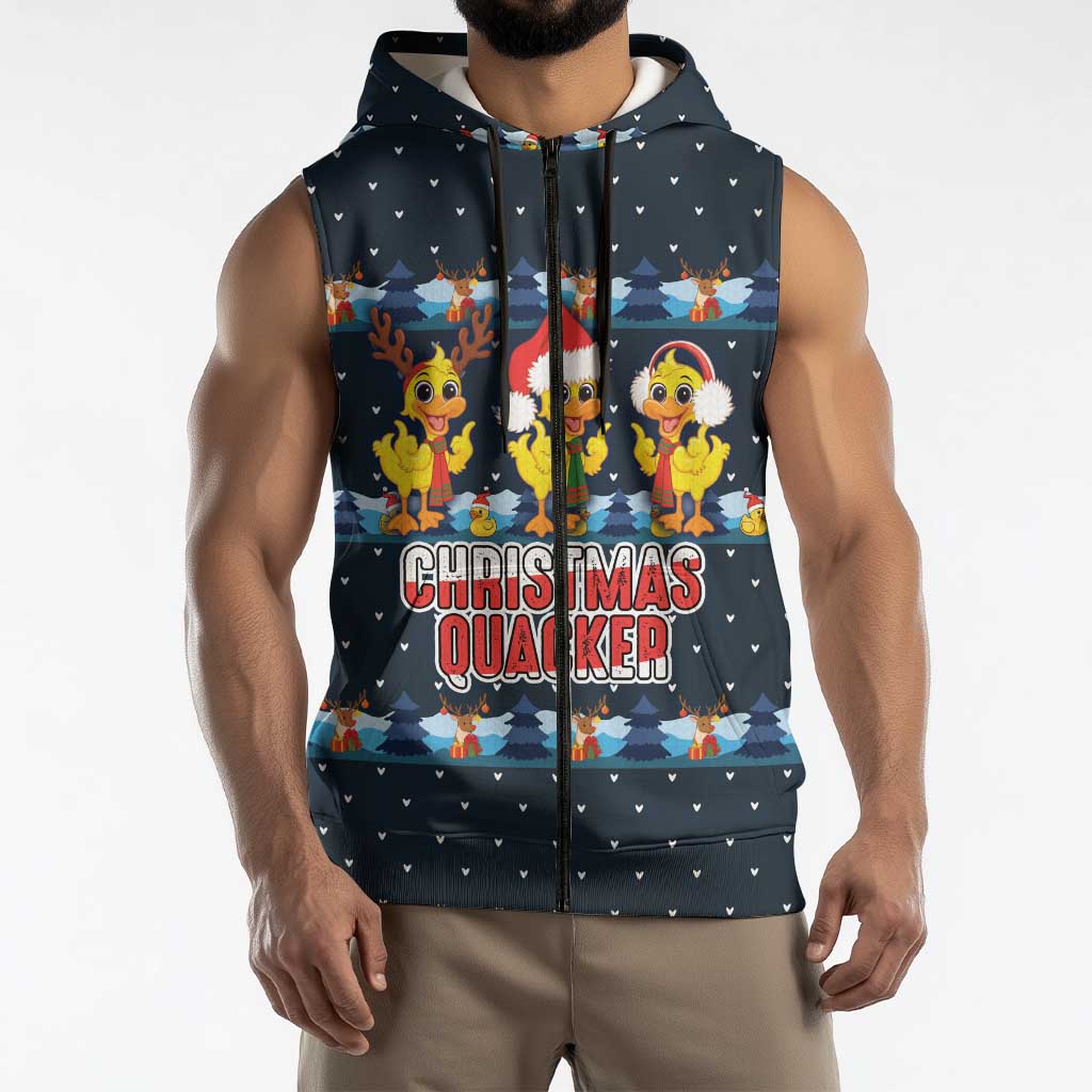 Funny Duck Characters Christmas Quacker Quote Sleeveless Zip Hoodie with Navy Tree Pattern Design - Wonder Print Shop