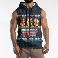 Funny Duck Characters Christmas Quacker Quote Sleeveless Zip Hoodie with Navy Tree Pattern Design - Wonder Print Shop