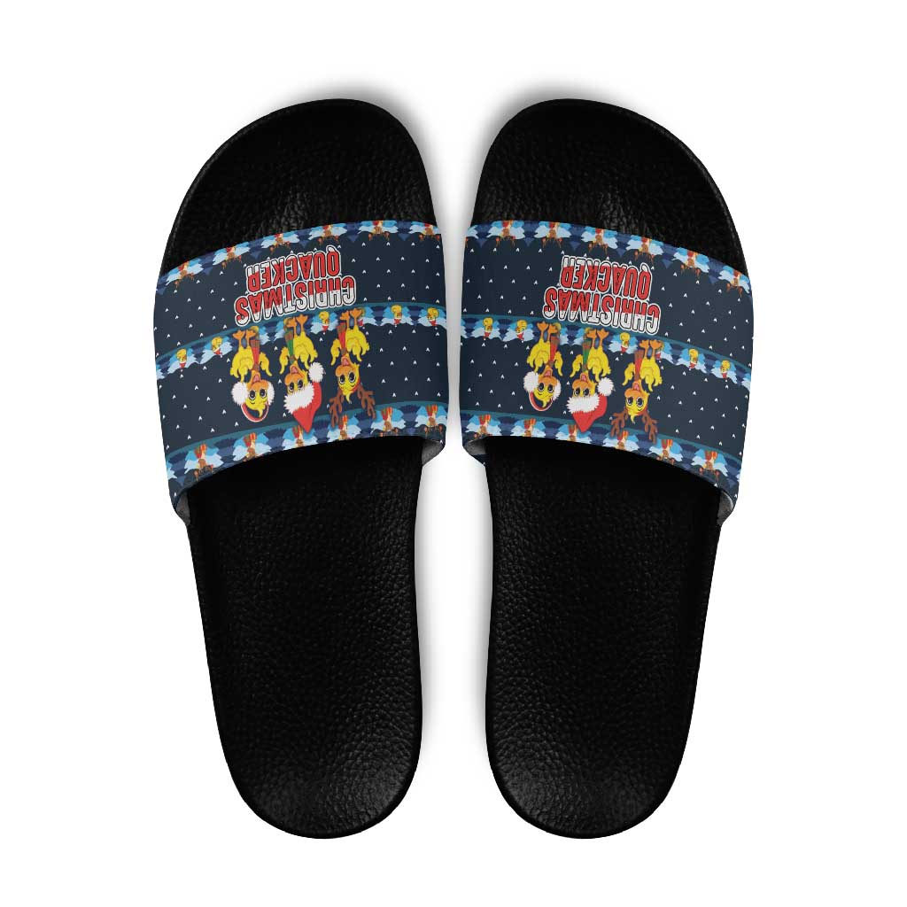 Funny Duck Characters Christmas Quacker Quote Slide Sandals with Navy Tree Pattern Design - Wonder Print Shop