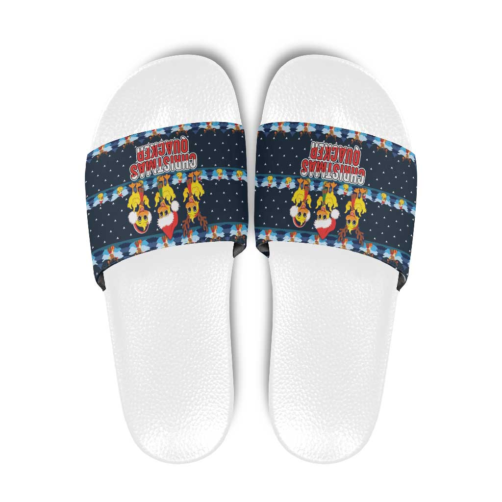 Funny Duck Characters Christmas Quacker Quote Slide Sandals with Navy Tree Pattern Design - Wonder Print Shop