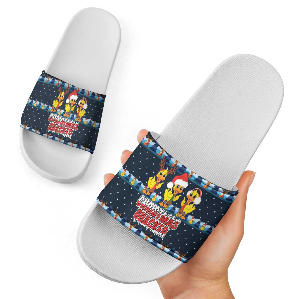 Funny Duck Characters Christmas Quacker Quote Slide Sandals with Navy Tree Pattern Design - Wonder Print Shop