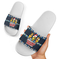 Funny Duck Characters Christmas Quacker Quote Slide Sandals with Navy Tree Pattern Design - Wonder Print Shop