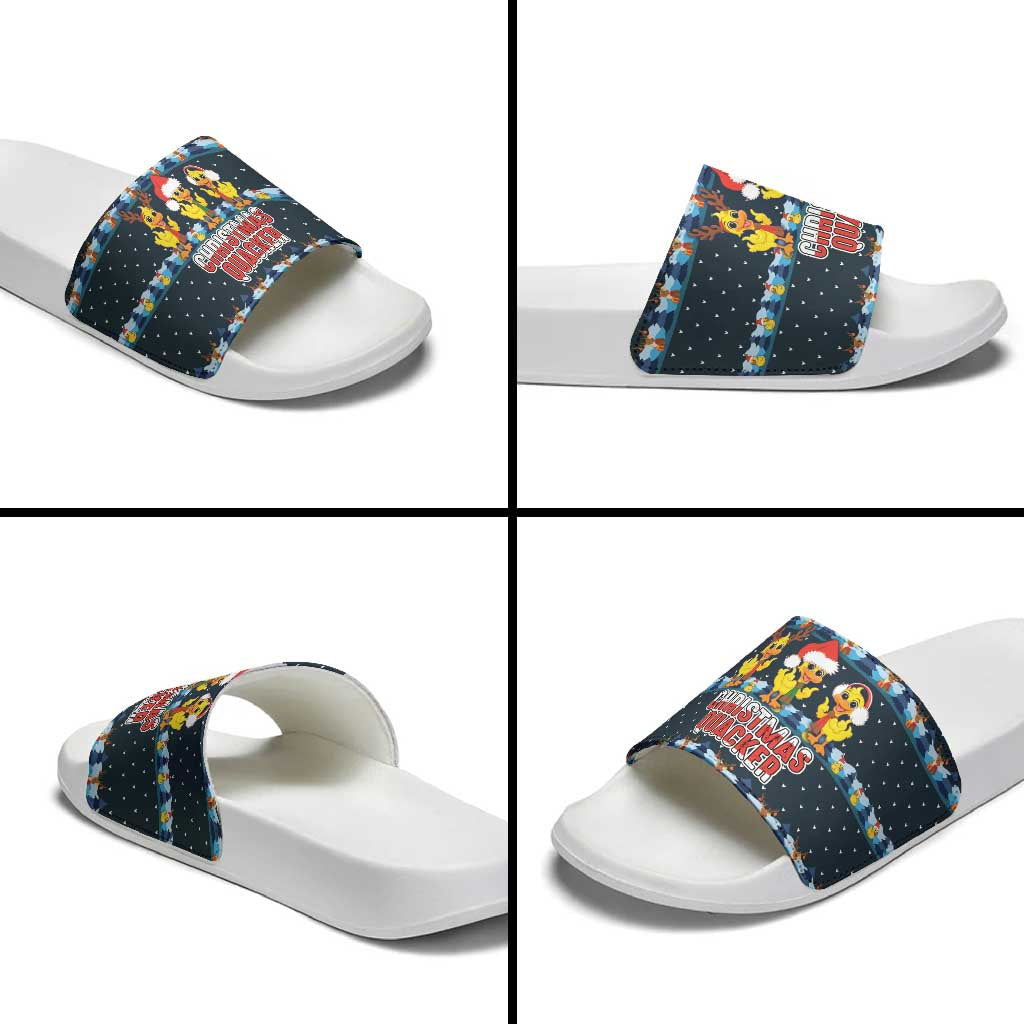 Funny Duck Characters Christmas Quacker Quote Slide Sandals with Navy Tree Pattern Design - Wonder Print Shop