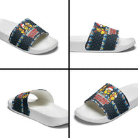 Funny Duck Characters Christmas Quacker Quote Slide Sandals with Navy Tree Pattern Design - Wonder Print Shop