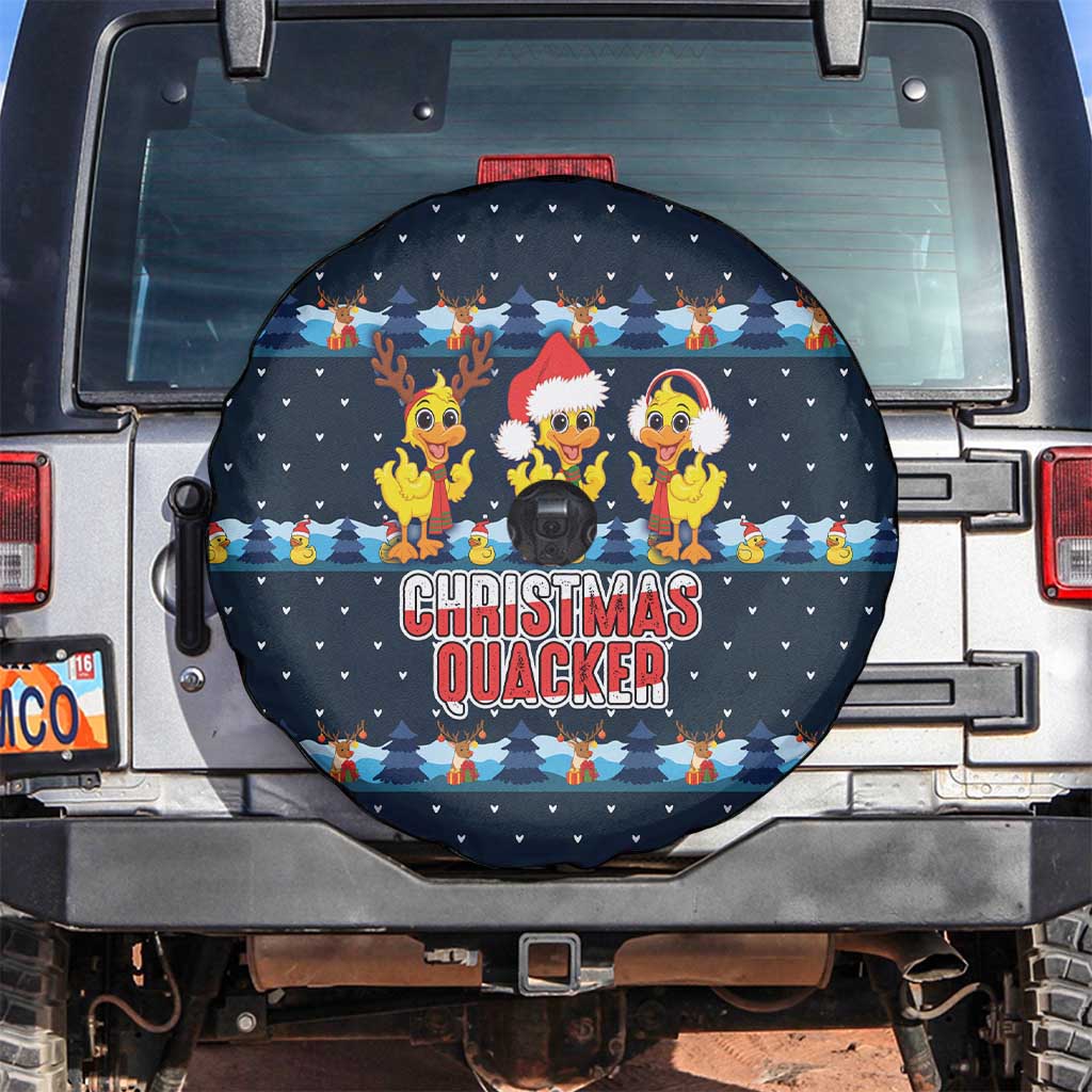 Funny Duck Characters Christmas Quacker Quote Spare Tire Cover with Navy Tree Pattern Design - Wonder Print Shop