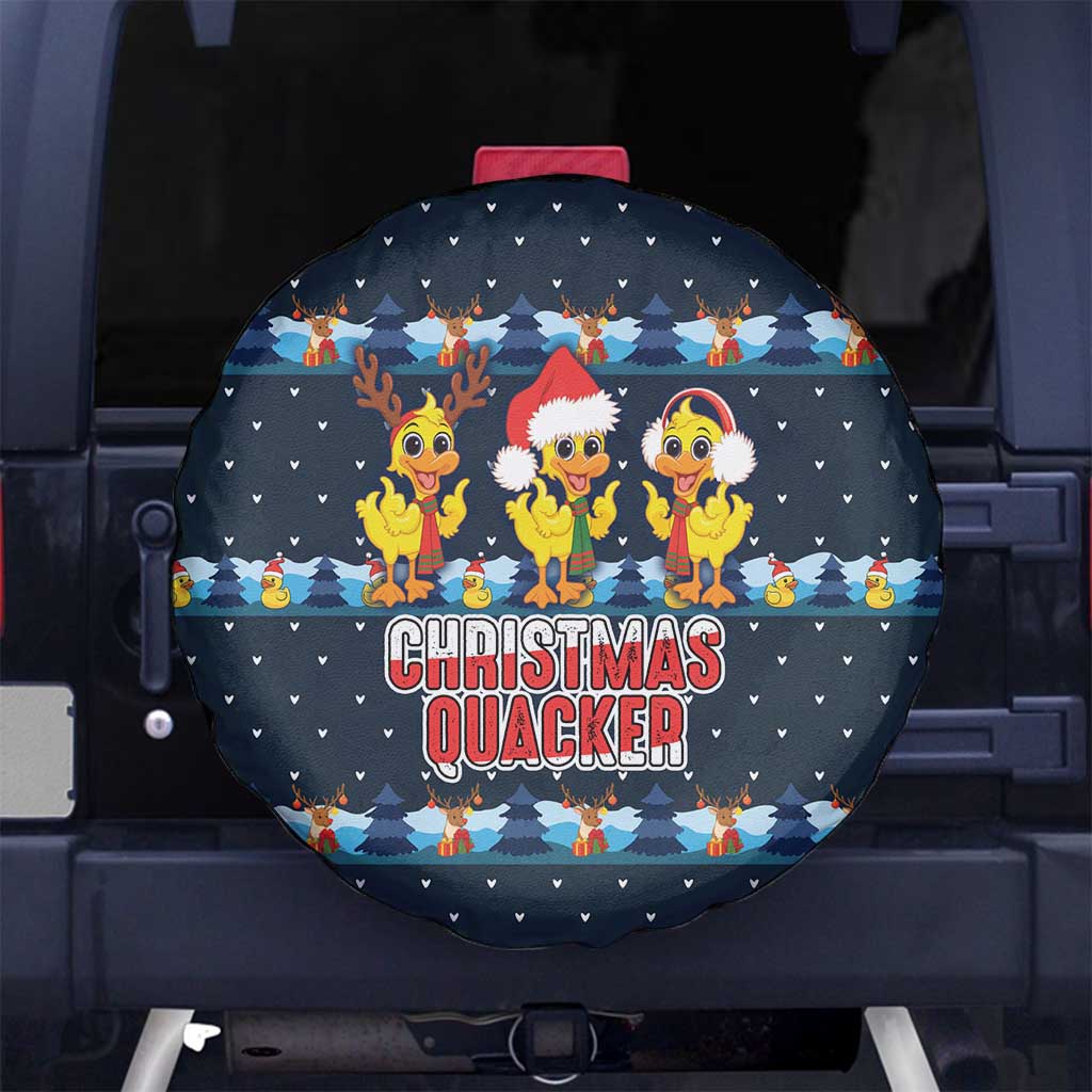 Funny Duck Characters Christmas Quacker Quote Spare Tire Cover with Navy Tree Pattern Design - Wonder Print Shop
