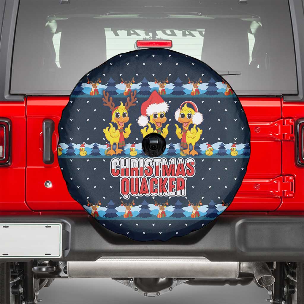 Funny Duck Characters Christmas Quacker Quote Spare Tire Cover with Navy Tree Pattern Design - Wonder Print Shop