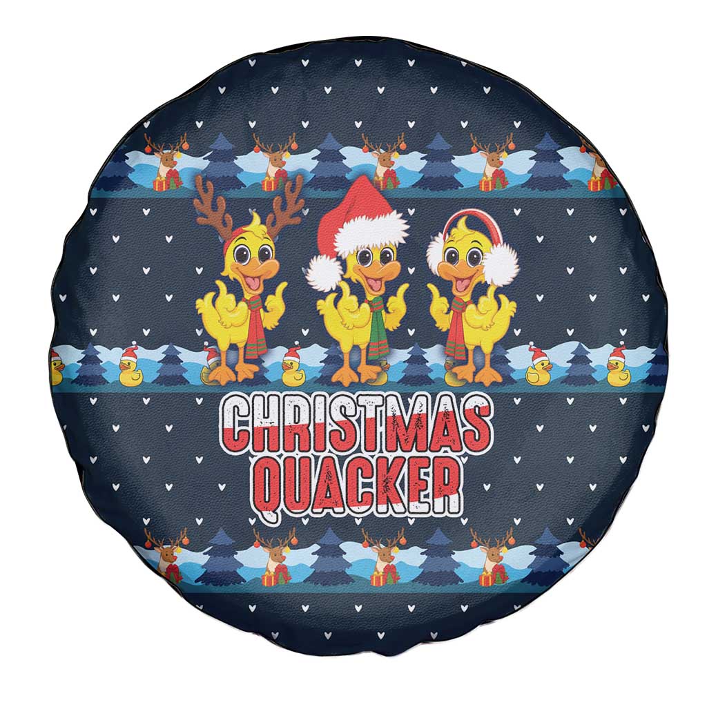 Funny Duck Characters Christmas Quacker Quote Spare Tire Cover with Navy Tree Pattern Design - Wonder Print Shop