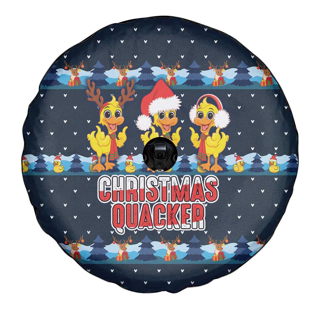 Funny Duck Characters Christmas Quacker Quote Spare Tire Cover with Navy Tree Pattern Design - Wonder Print Shop