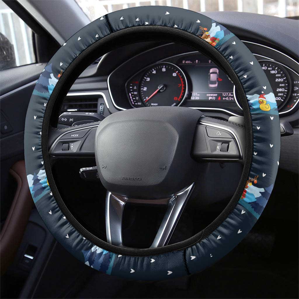 Funny Duck Characters Christmas Quacker Quote Steering Wheel Cover with Navy Tree Pattern Design - Wonder Print Shop