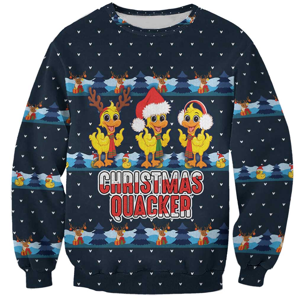 Funny Duck Characters Christmas Quacker Quote Sweatshirt with Navy Tree Pattern Design - Wonder Print Shop