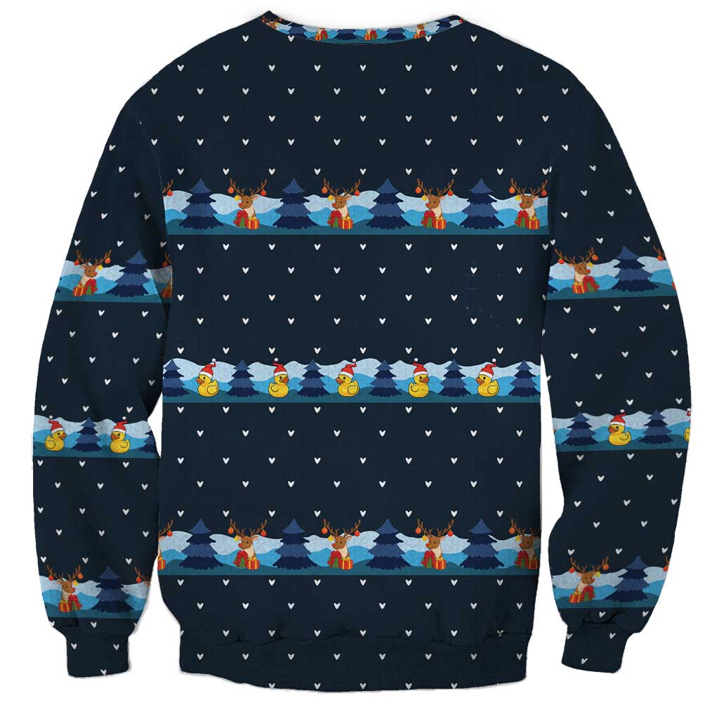 Funny Duck Characters Christmas Quacker Quote Sweatshirt with Navy Tree Pattern Design - Wonder Print Shop