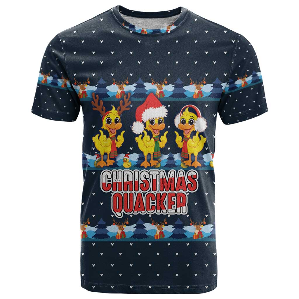Funny Duck Characters Christmas Quacker Quote T Shirt with Navy Tree Pattern Design - Wonder Print Shop