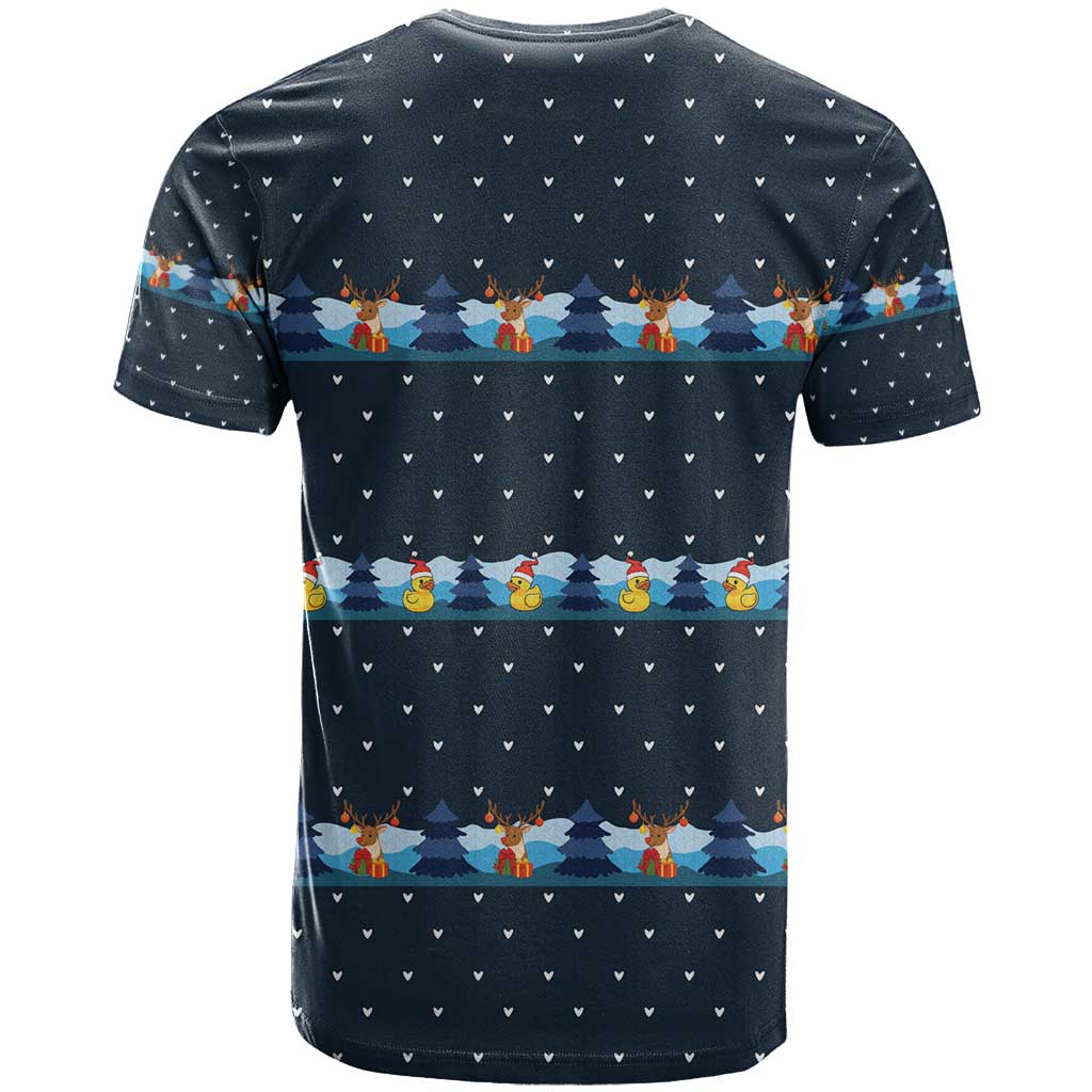 Funny Duck Characters Christmas Quacker Quote T Shirt with Navy Tree Pattern Design - Wonder Print Shop
