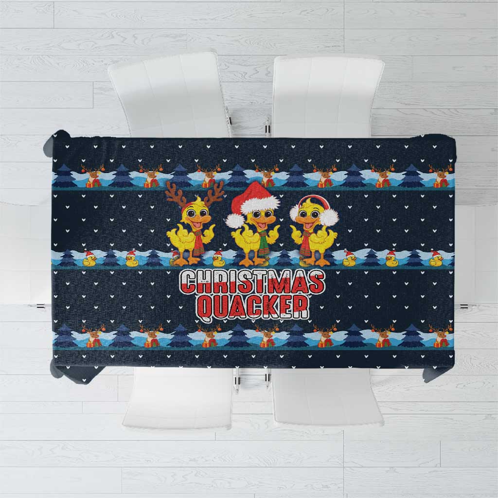 Funny Duck Characters Christmas Quacker Quote Tablecloth with Navy Tree Pattern Design - Wonder Print Shop