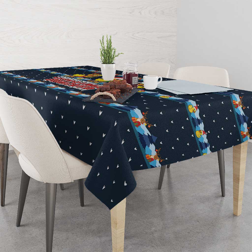 Funny Duck Characters Christmas Quacker Quote Tablecloth with Navy Tree Pattern Design - Wonder Print Shop