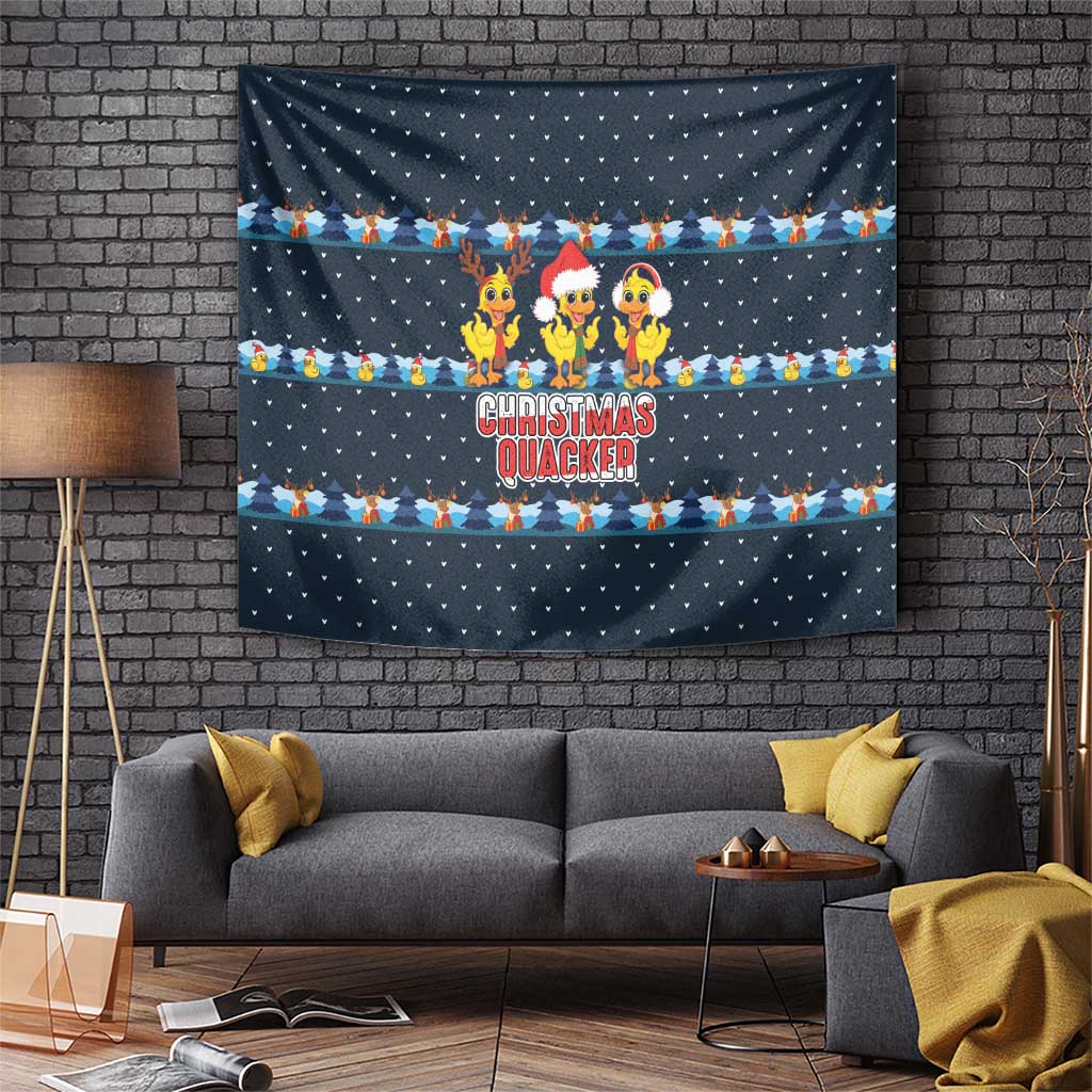 Funny Duck Characters Christmas Quacker Quote Tapestry with Navy Tree Pattern Design - Wonder Print Shop