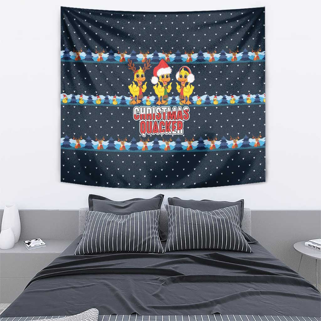 Funny Duck Characters Christmas Quacker Quote Tapestry with Navy Tree Pattern Design - Wonder Print Shop