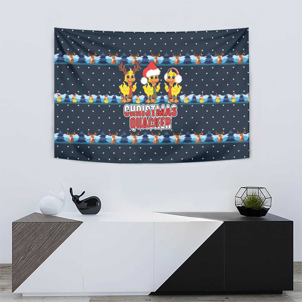 Funny Duck Characters Christmas Quacker Quote Tapestry with Navy Tree Pattern Design - Wonder Print Shop
