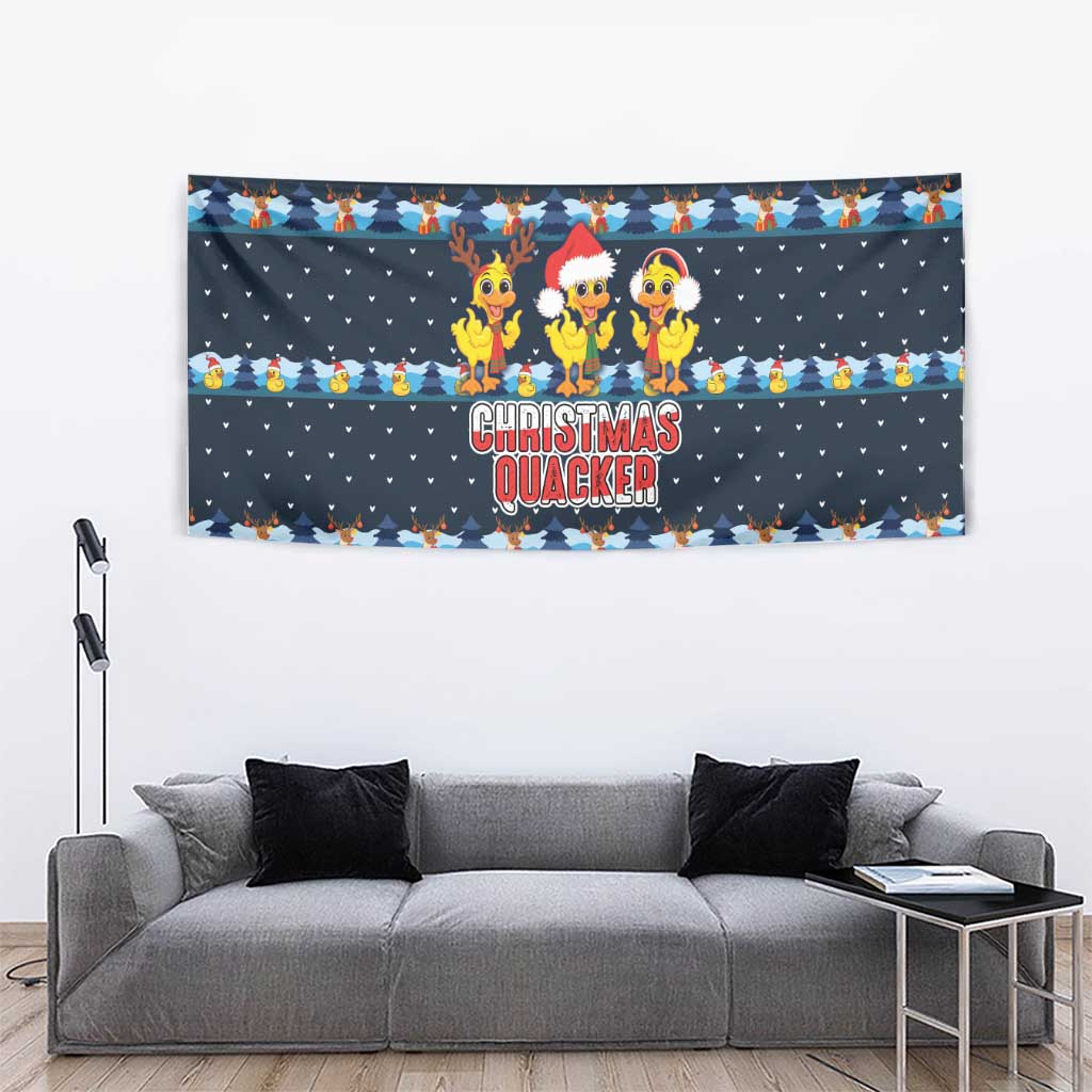 Funny Duck Characters Christmas Quacker Quote Tapestry with Navy Tree Pattern Design - Wonder Print Shop