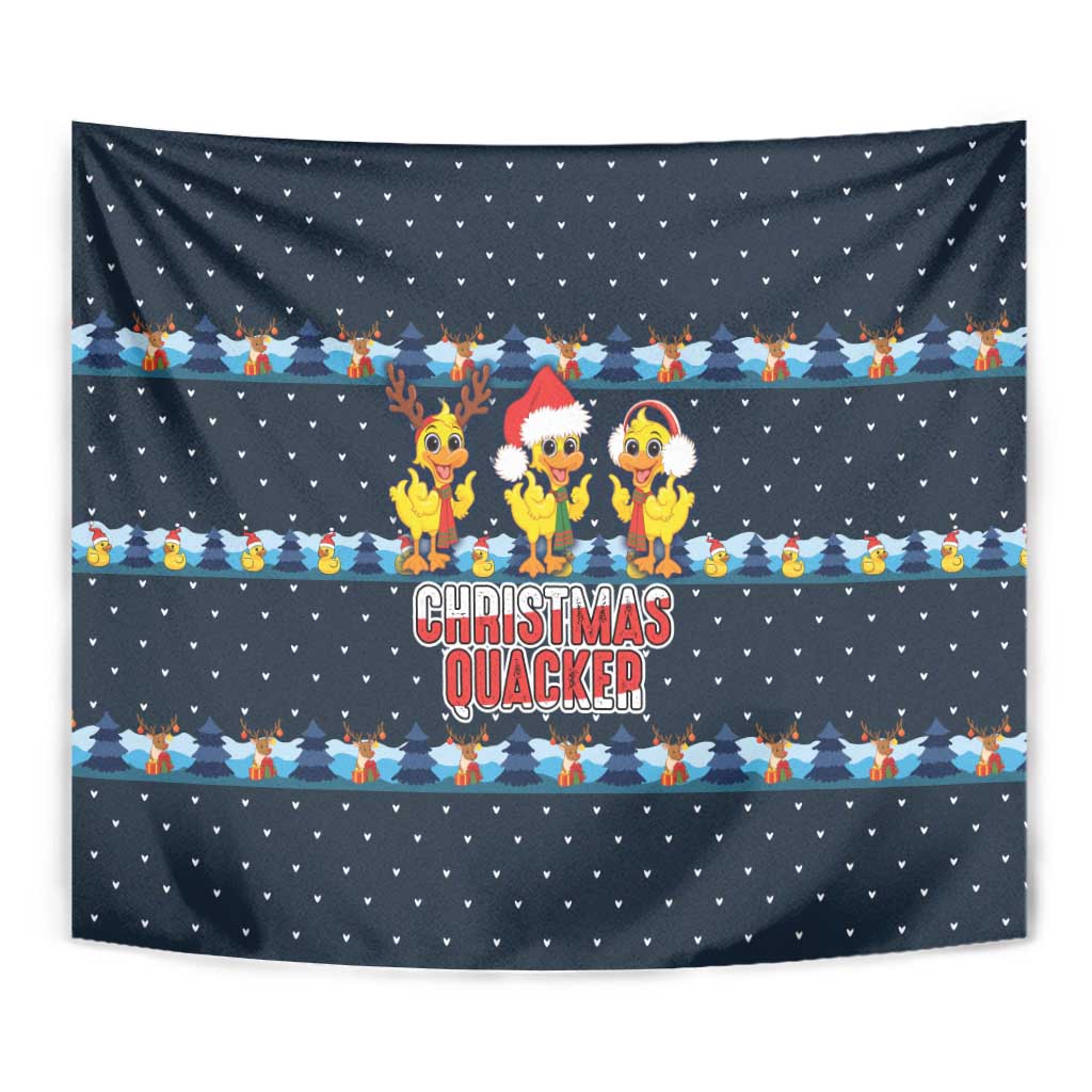 Funny Duck Characters Christmas Quacker Quote Tapestry with Navy Tree Pattern Design - Wonder Print Shop