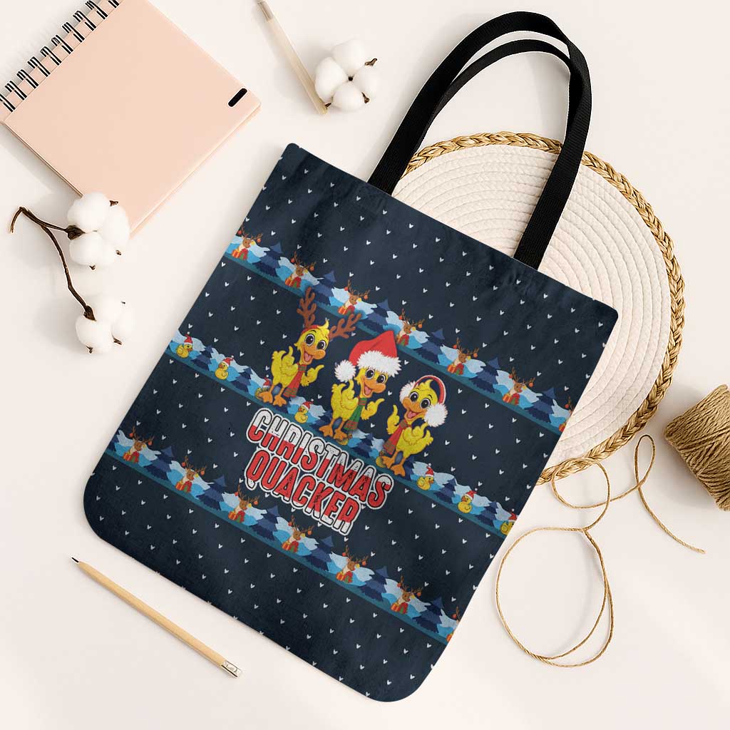 Funny Duck Characters Christmas Quacker Quote Tote Bag with Navy Tree Pattern Design - Wonder Print Shop