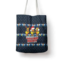 Funny Duck Characters Christmas Quacker Quote Tote Bag with Navy Tree Pattern Design - Wonder Print Shop