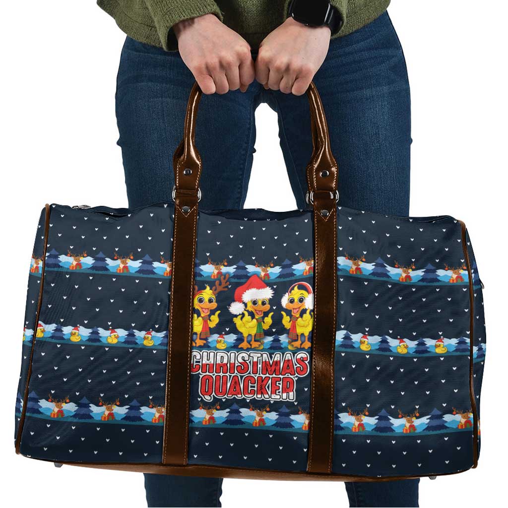 Funny Duck Characters Christmas Quacker Quote Travel Bag with Navy Tree Pattern Design - Wonder Print Shop